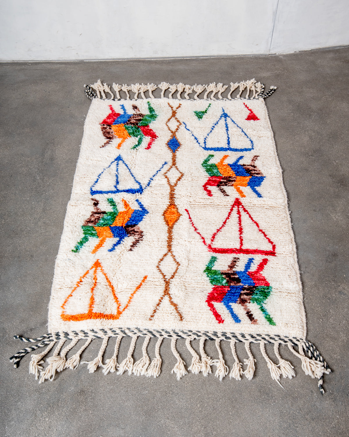 Modern, designer, handcrafted Berber rug from Morocco. Beniourain carpet with beautiful colours and patterns and fluffy wool texture.